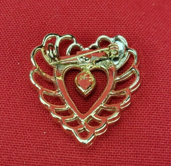 Gold Tone Heart Shaped Brooch Pin with Ruby Red Rhinestone - Image 2