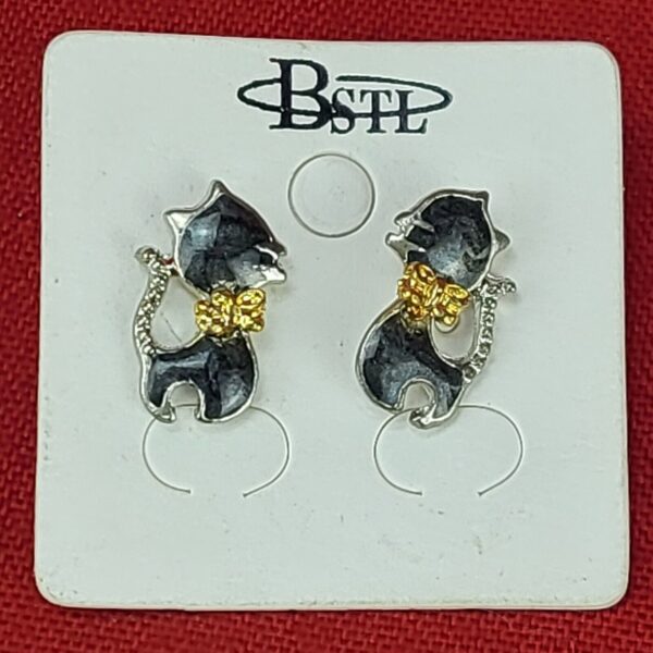 Vintage BSTL Gold Tone Black Epoxy Cat Earrings - Fashion Costume Jewelry