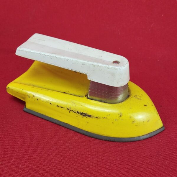 Vintage Toy Pretend Yellow Iron Tin with White Plastic Handle USA