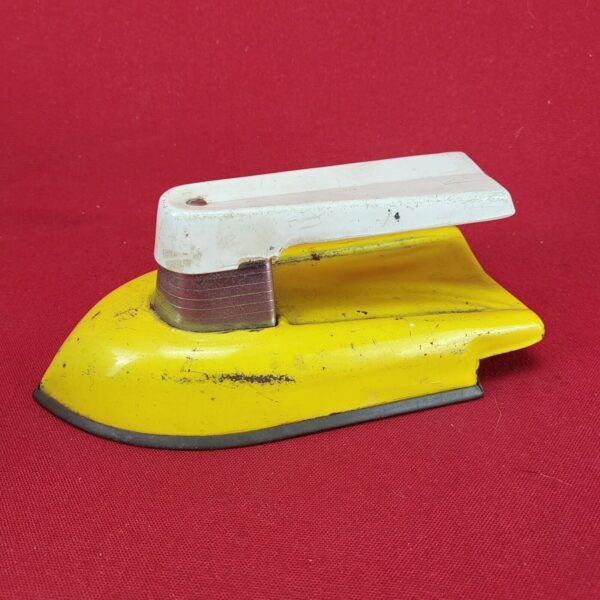 Vintage Toy Pretend Yellow Iron Tin with White Plastic Handle USA - Image 2