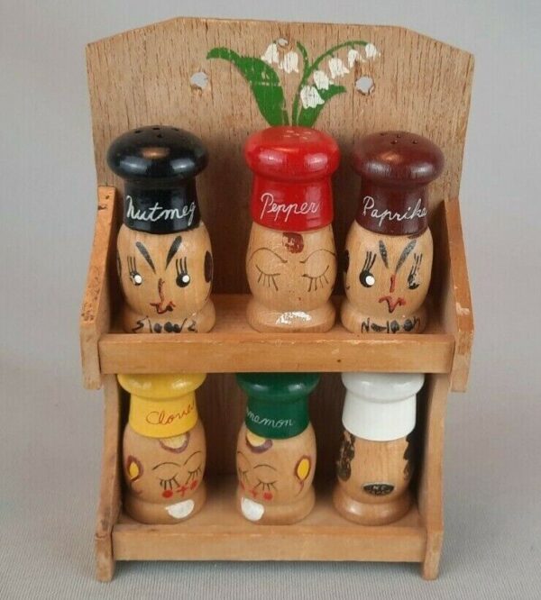 Small Wooden Set of 6 Hand Painted Shakers w/Spice Rack Decor - Signed NC Japan