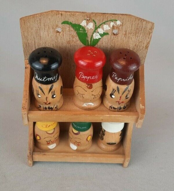 Small Wooden Set of 6 Hand Painted Shakers w/Spice Rack Decor - Signed NC Japan - Image 2