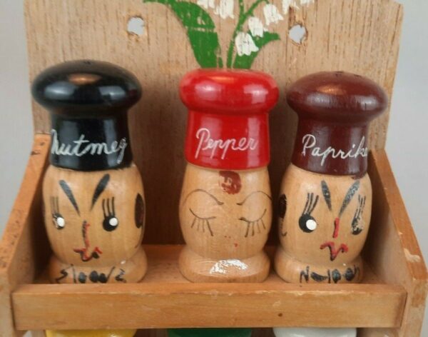 Small Wooden Set of 6 Hand Painted Shakers w/Spice Rack Decor - Signed NC Japan - Image 3