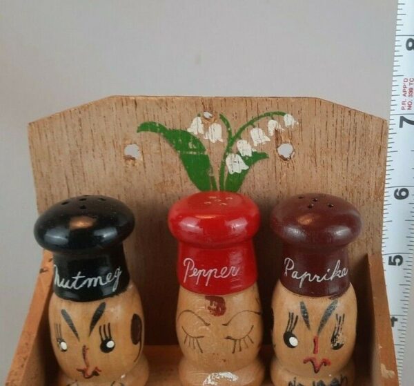 Small Wooden Set of 6 Hand Painted Shakers w/Spice Rack Decor - Signed NC Japan - Image 9