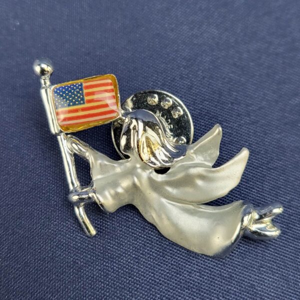 Gigi's Silver Tone Flying Angel Holding American Flag Small Lapel Brooch Pin